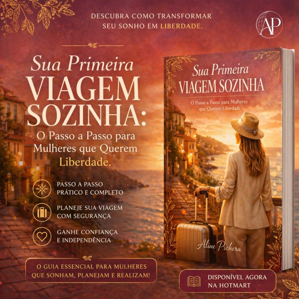 Mockup 3D do ebook Sua Primeira Viagem Sozinha disponível na Hotmart